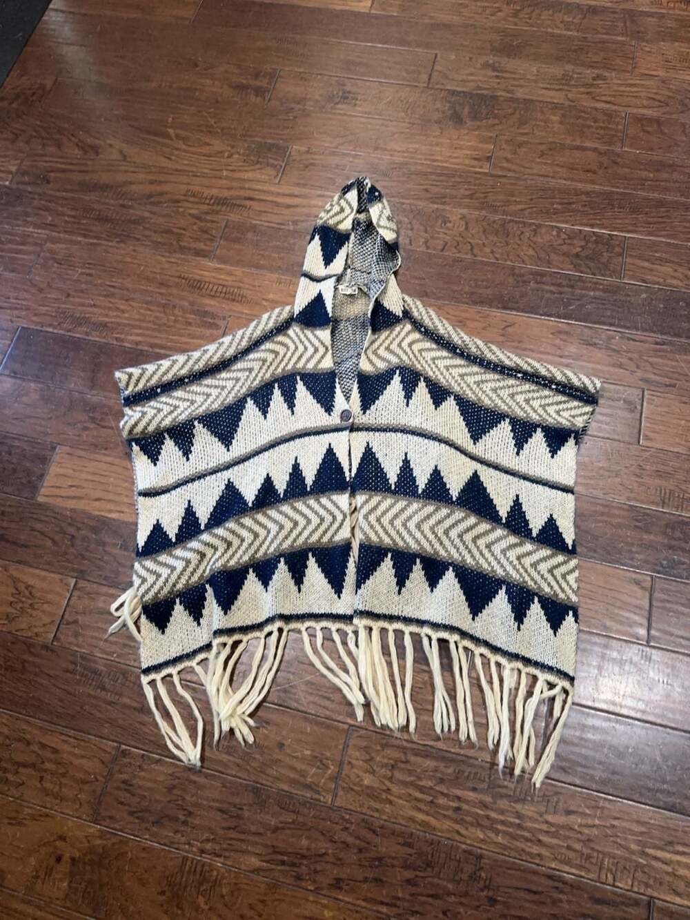 Woven Heart Hooded Geometric Knit Poncho with Fringe